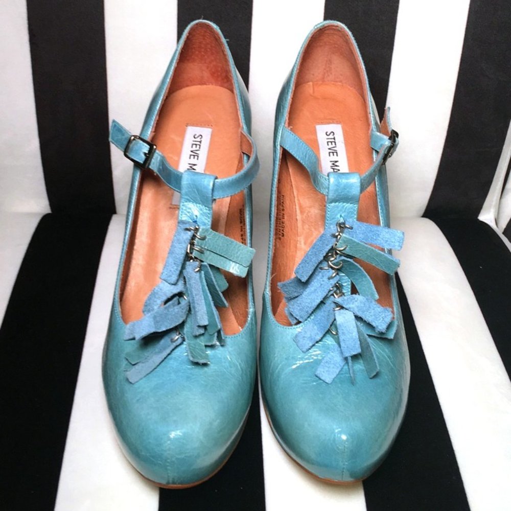 NIB Steven Madden 'PRENTY' Fringe blue leather platform mary jane heel - Size 8